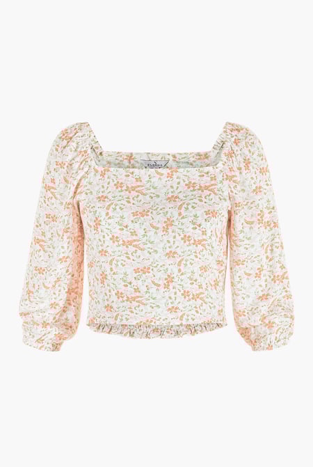 Red Floral Bardot Smocked Crop Top
