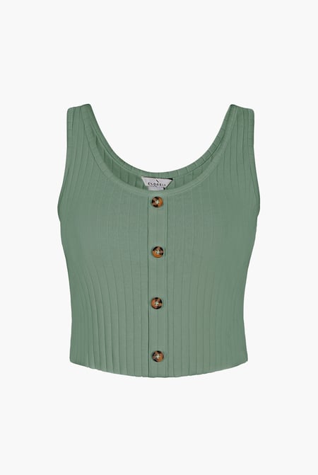 Green Ribbed Front Button Tank Top