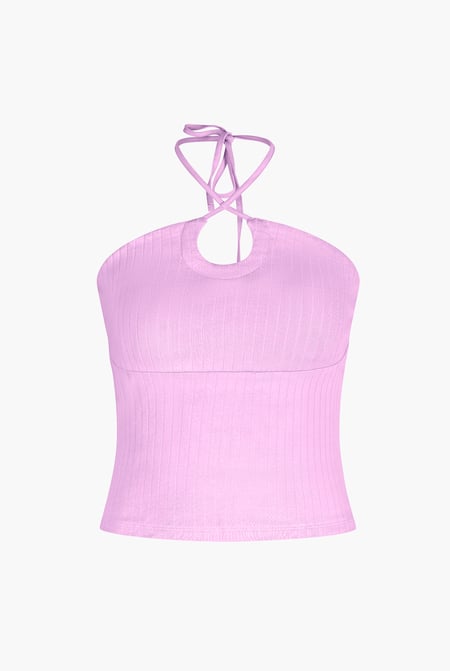 Pink Halter Neck Ribbed Cami Vest Top