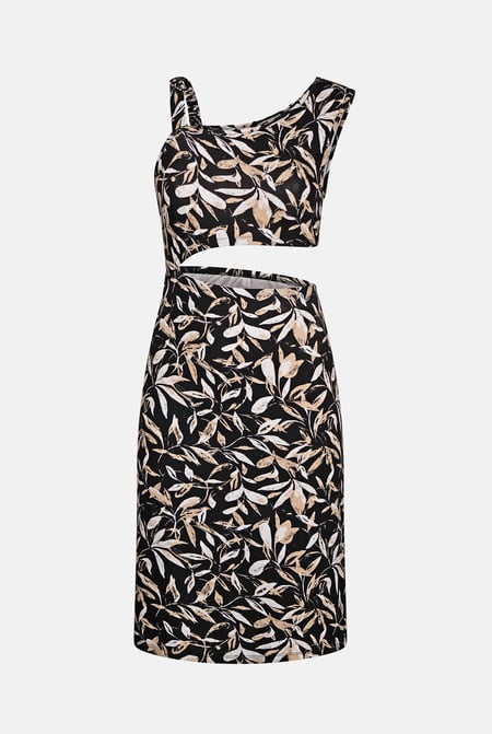 Women's Black Printed Midi Dress with Cut-Out Detail