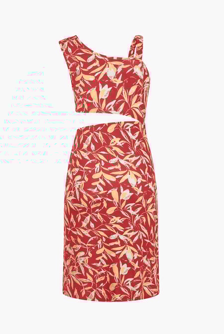 Women's Red Printed Midi Dress with Cut-Out Detail