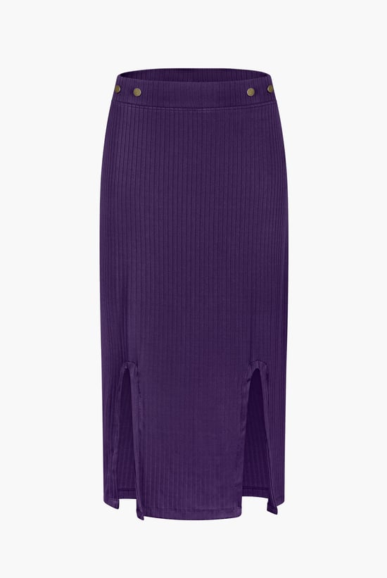 Button Front Ribbed Midi Skirt