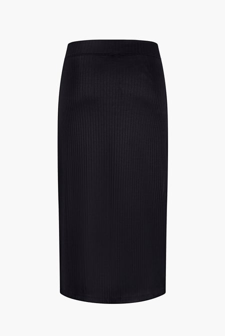 Black Button Front Ribbed Midi Skirt