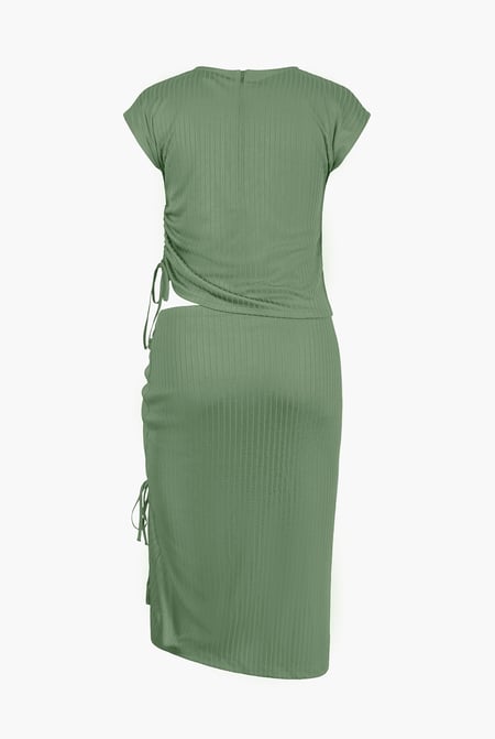 Green Ruched Drawstring Top & Skirt Set