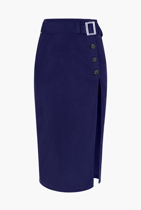 Navy Button Detail Midaxi Skirt with Buckle Belt