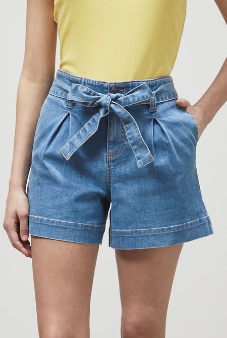 Deep Blue Belted Denim Shorts with Paperbag Waist