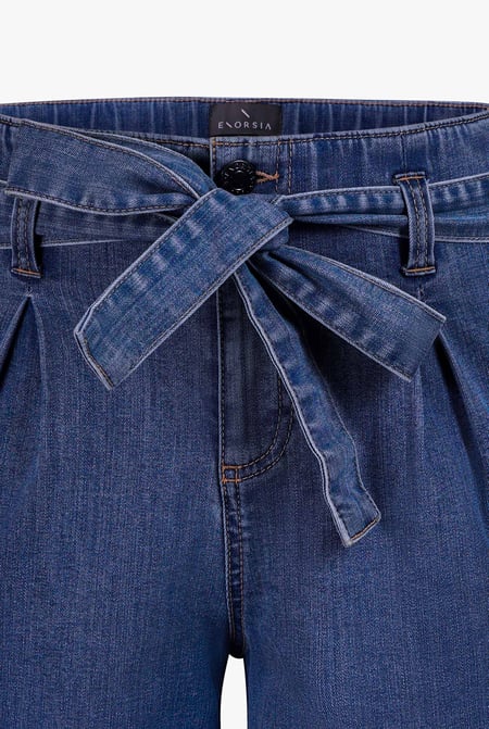 Deep Blue Belted Denim Shorts with Paperbag Waist
