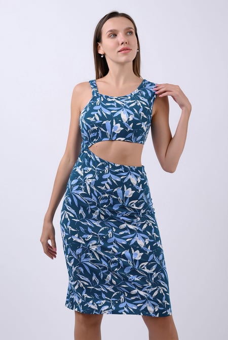 Women's Black Printed Midi Dress with Cut-Out Detail