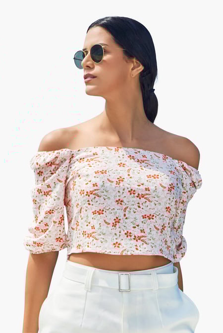 Red Floral Bardot Smocked Crop Top