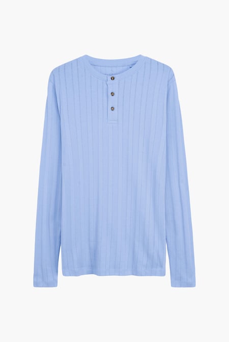 Blue Button Detail Half Placket Long Sleeve T-shirt