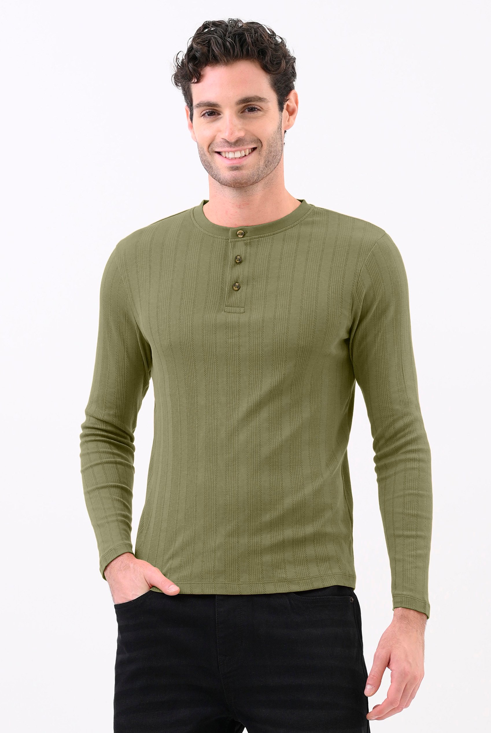 Button Detail Half Placket Long Sleeve T-shirt