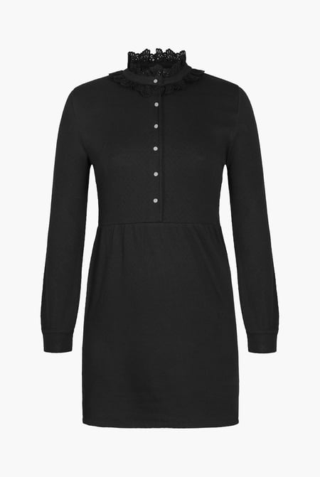 Black High Neck Lace Trim Mini Dress