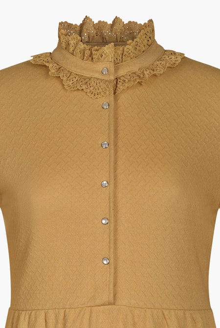Brown High Neck Lace Trim Mini Dress