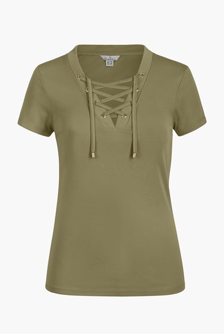 Green Lace-Up V Neck Short Sleeve Top