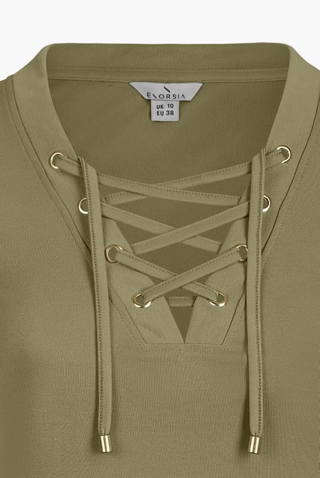 Green Lace-Up V Neck Short Sleeve Top