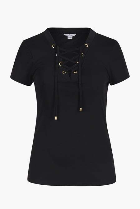 Green Lace-Up V Neck Short Sleeve Top