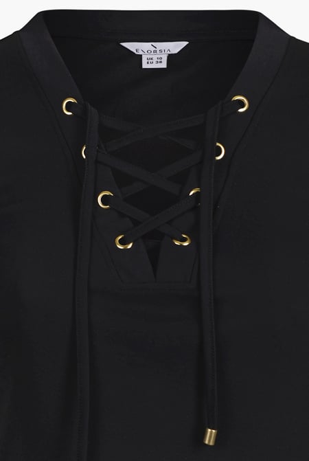 Black Lace-Up V Neck Short Sleeve Top