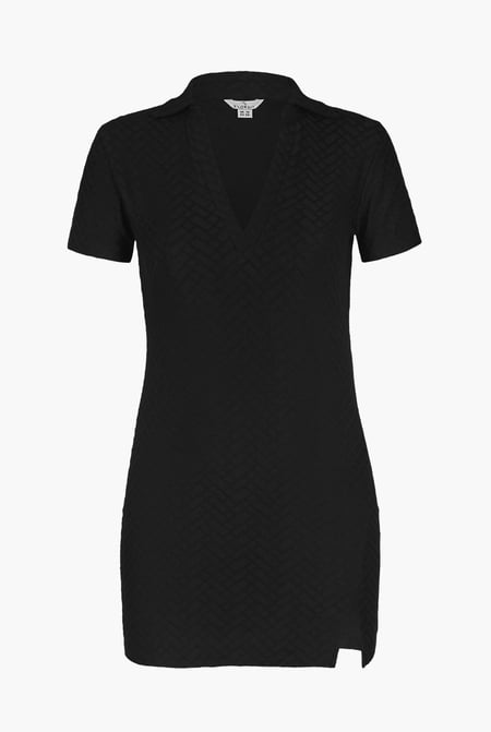 Cream Deep V-Neck Polo Collar Mini Dress
