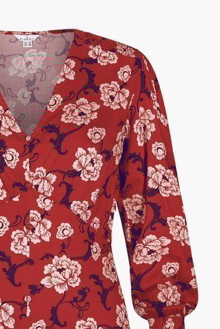 Red Printed V-Neck Mini Dress With Puff Sleeves and Smock Details