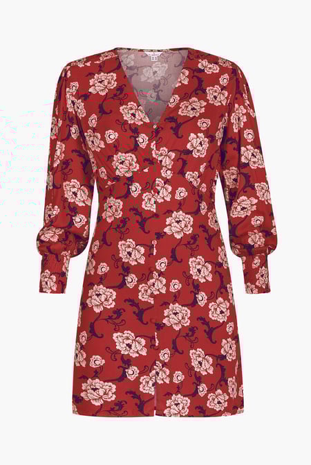 Red Printed V-Neck Mini Dress With Puff Sleeves and Smock Details