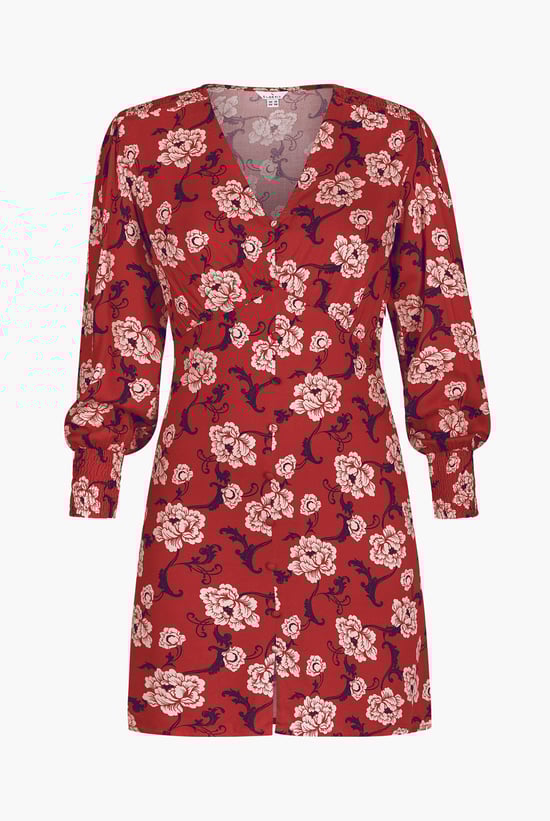 Printed V-Neck Mini Dress With Puff Sleeves and Smock Details