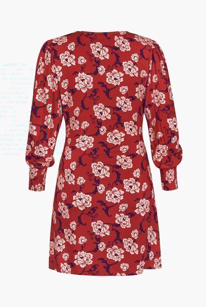 Printed V-Neck Mini Dress With Puff Sleeves and Smock Details