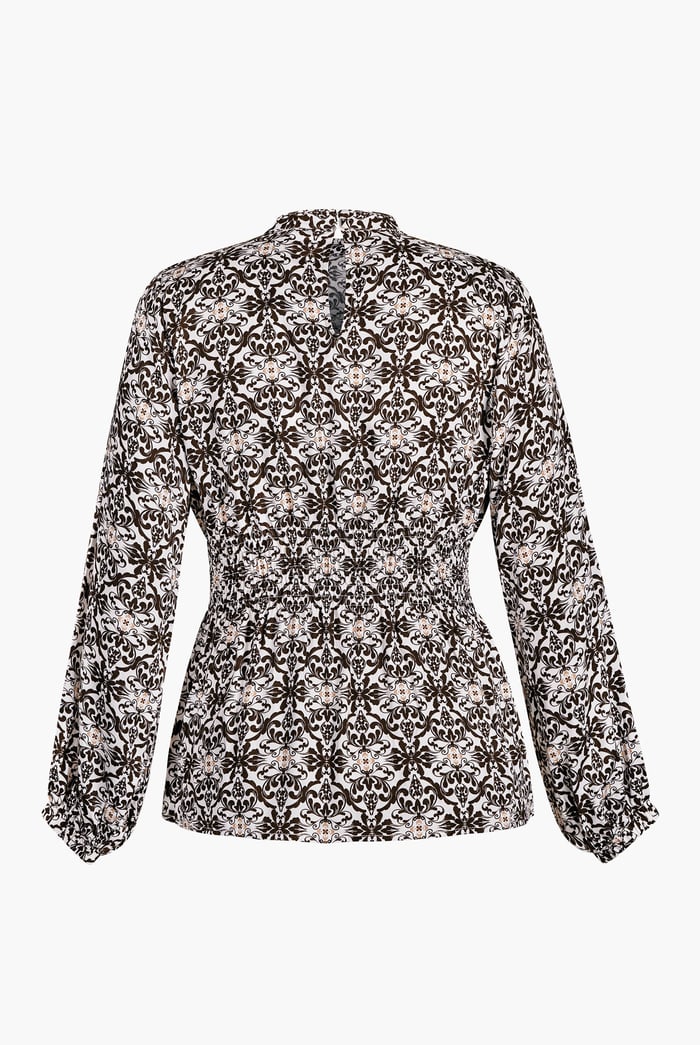 Printed Top With Band Collar And Smocked Waist
