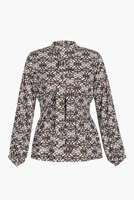 Off-white Printed Top With Band Collar And Smocked Waist