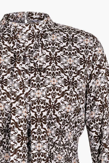 Off-white Printed Top With Band Collar And Smocked Waist