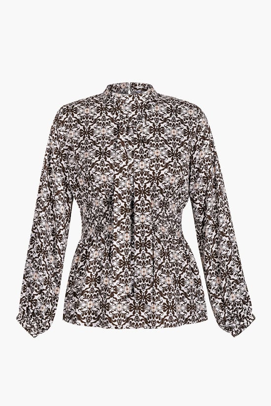 Printed Top With Band Collar And Smocked Waist