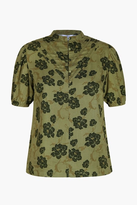 Green Floral Print Short Sleeve Tops