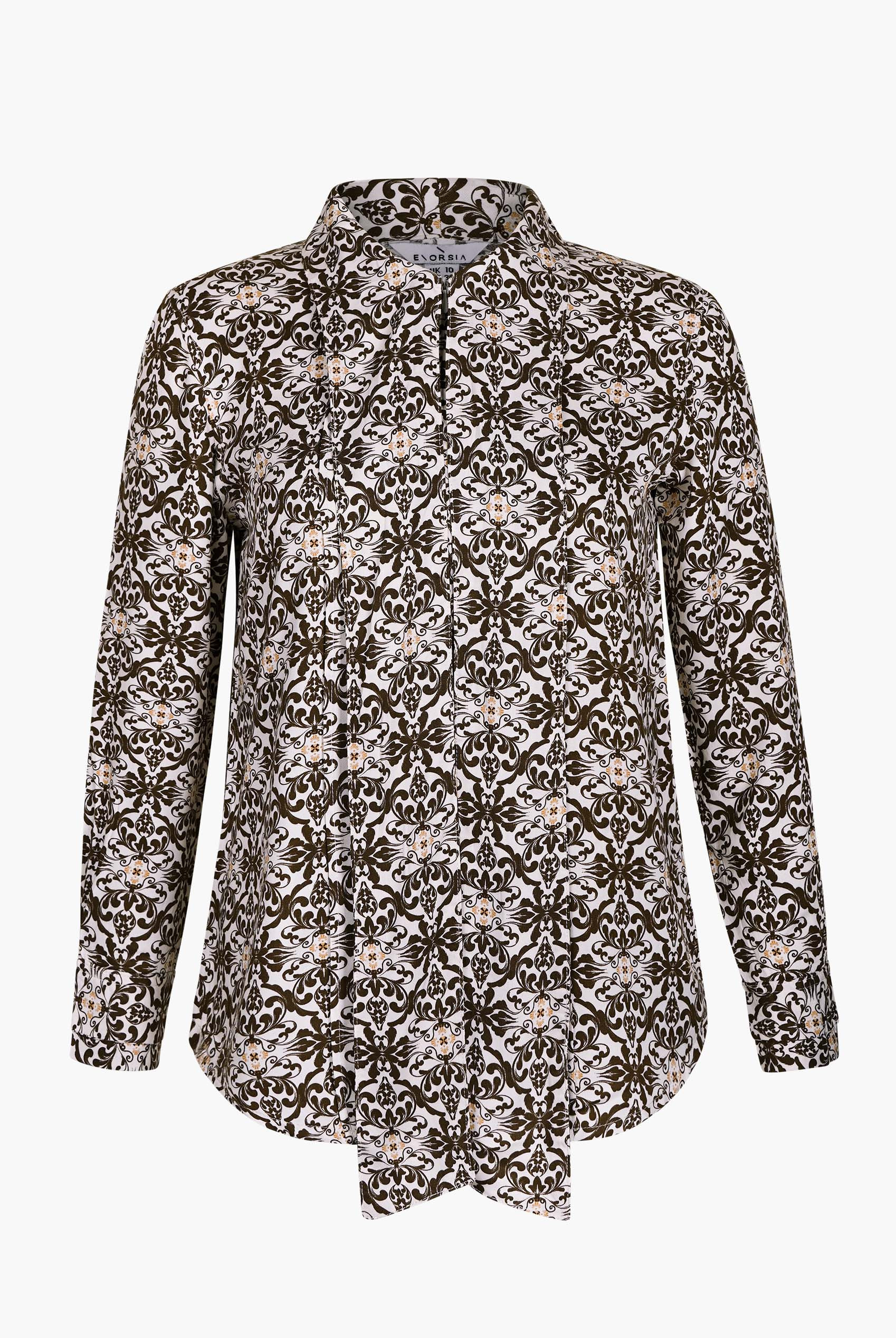 Ornate Print Tie-Neck Shirt With Zip Front