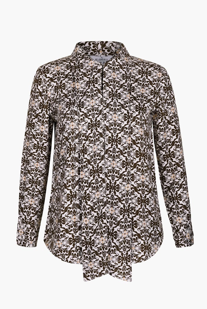 Ornate Print Tie-Neck Shirt With Zip Front