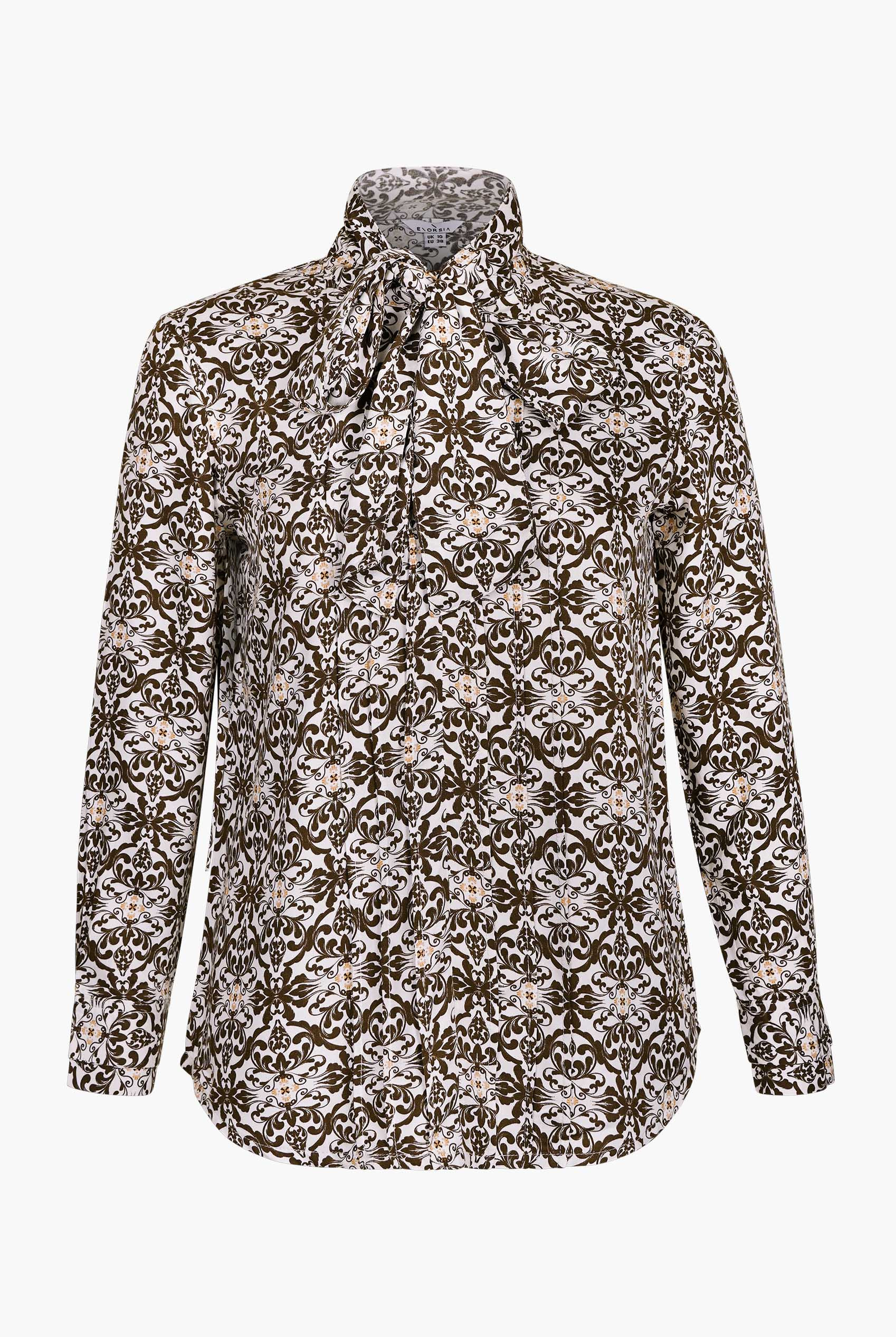 Ornate Print Tie-Neck Shirt With Zip Front