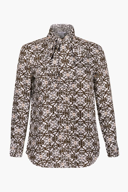 Off-white Ornate Print Tie-Neck Shirt With Zip Front