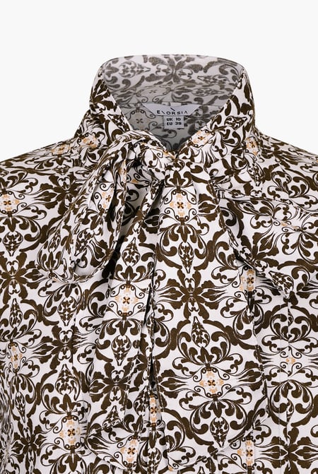 Off-white Ornate Print Tie-Neck Shirt With Zip Front