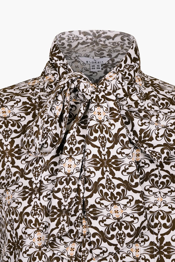 Ornate Print Tie-Neck Shirt With Zip Front