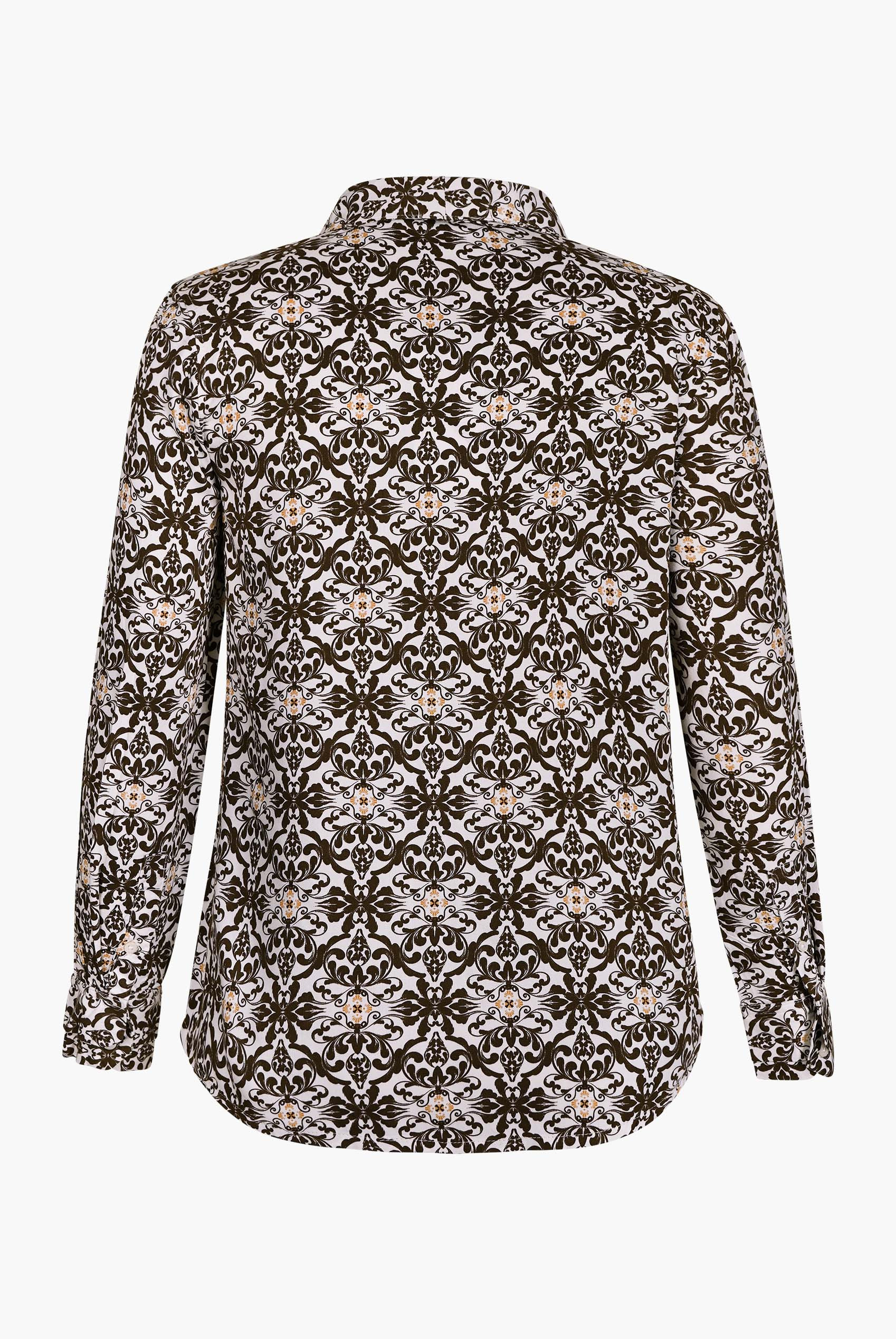 Ornate Print Tie-Neck Shirt With Zip Front