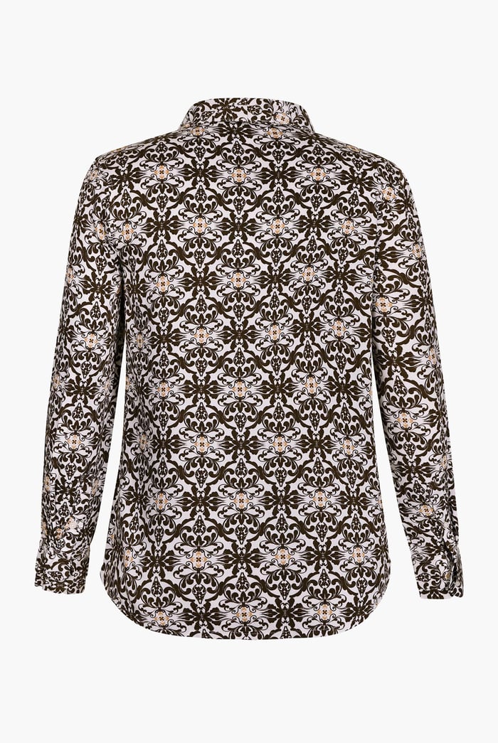 Ornate Print Tie-Neck Shirt With Zip Front