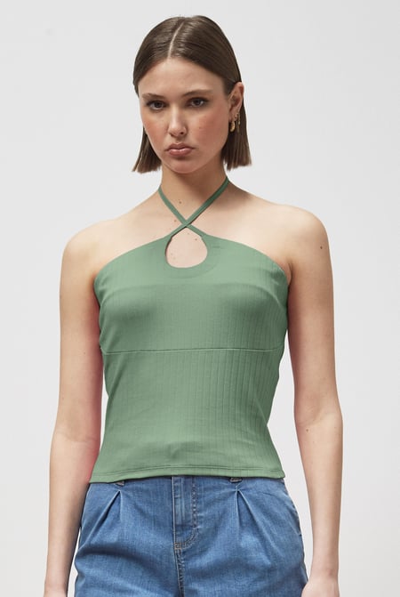 Green Halter Neck Ribbed Cami Vest Top
