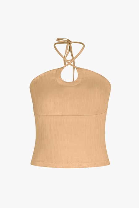 Cream Halter Neck Ribbed Cami Vest Top