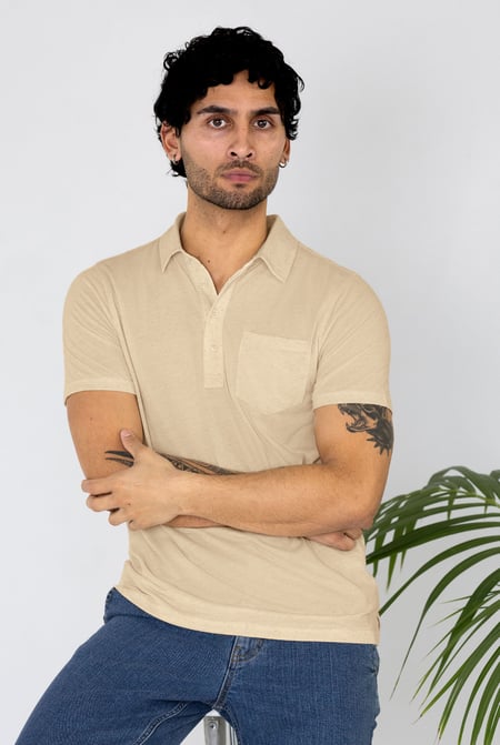Beige Linen Blended Solid Short Sleeve Polo Shirt's
