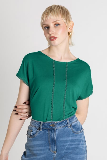 Green Boat Neck Front Lace Trim Tops