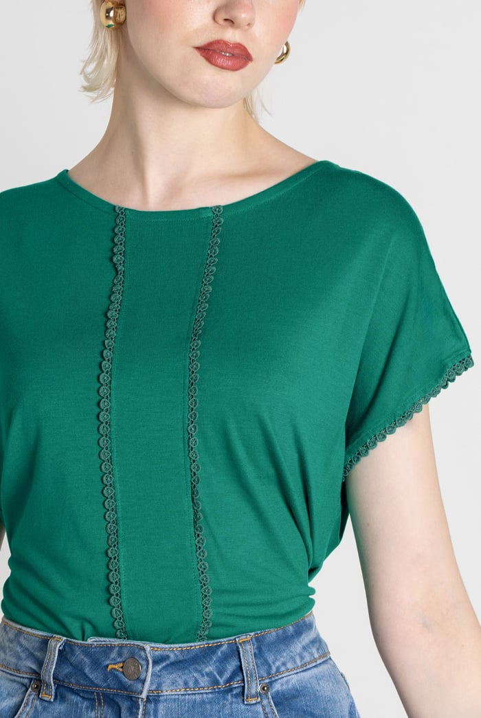 Boat Neck Front Lace Trim Tops