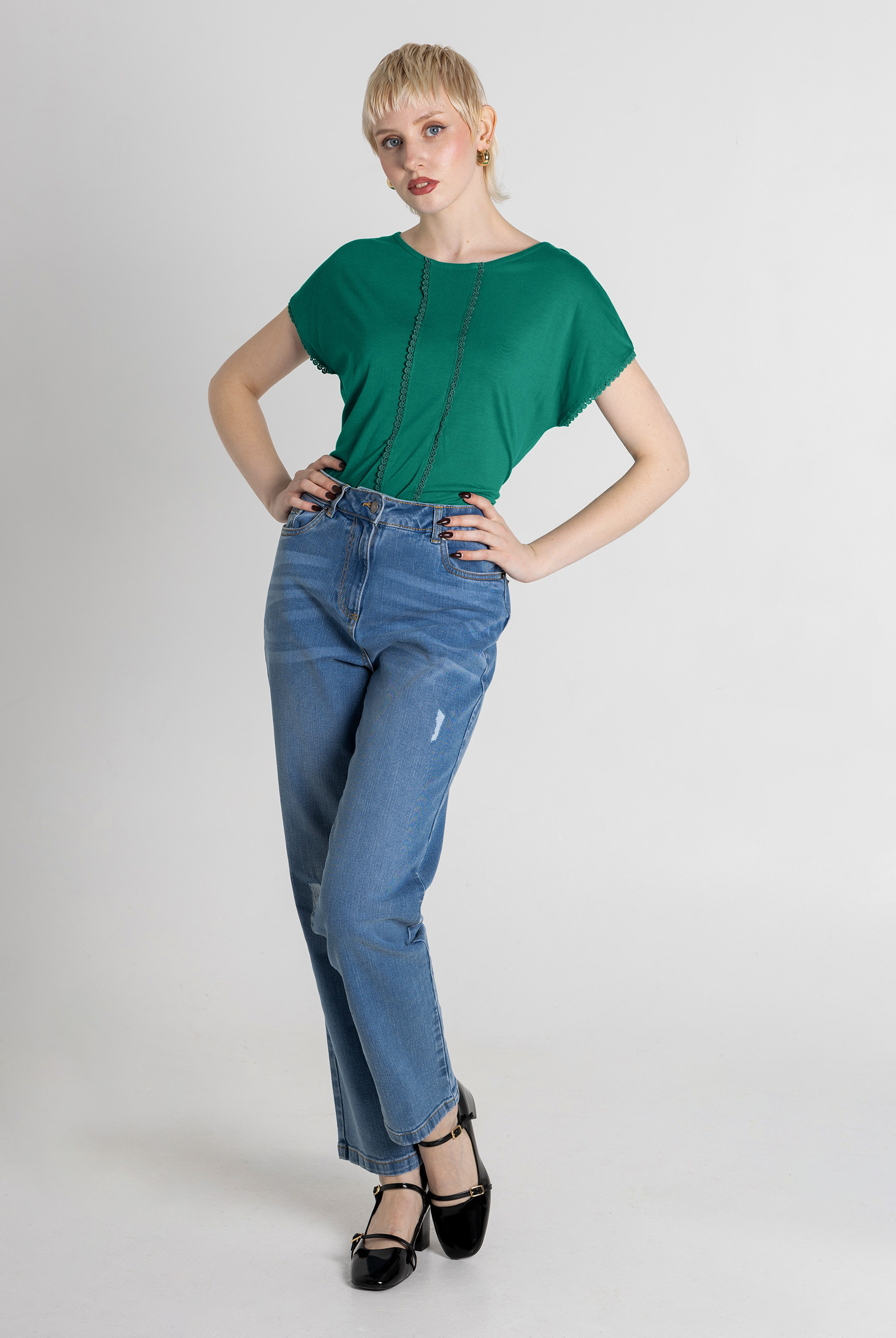 Boat Neck Front Lace Trim Tops