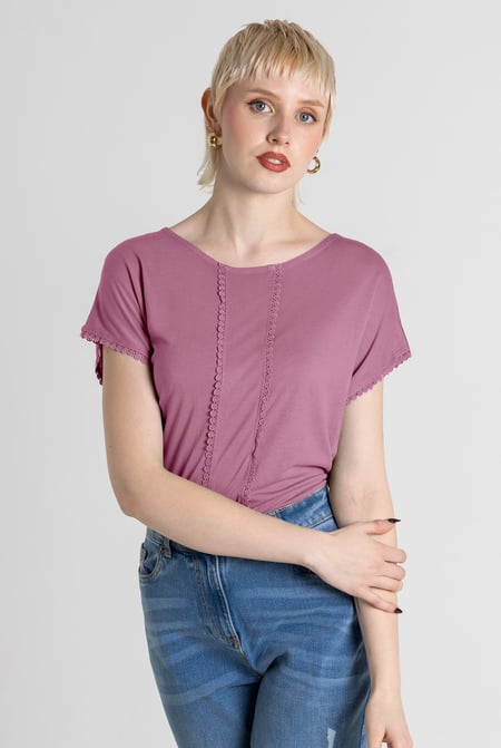 Green Boat Neck Front Lace Trim Tops