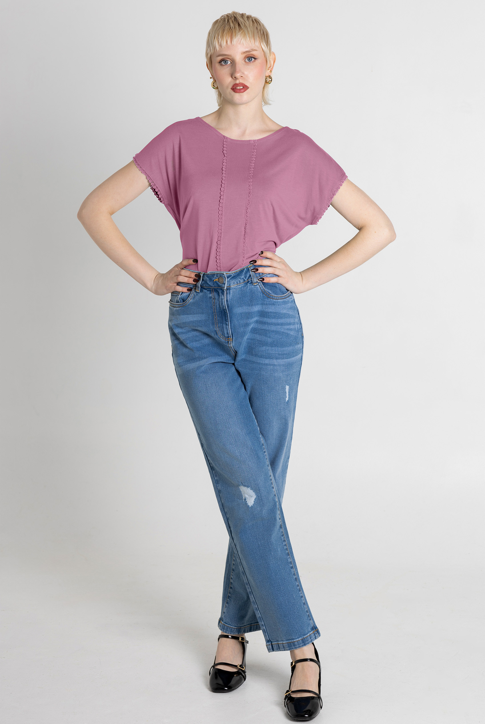 Boat Neck Front Lace Trim Tops