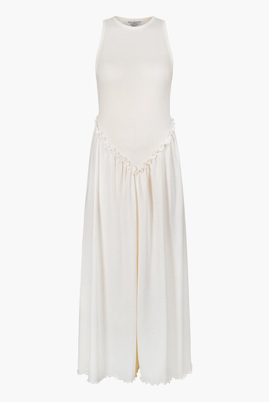 Frills Details-Rounded Neck Sleeveless Jersey Midi Dress