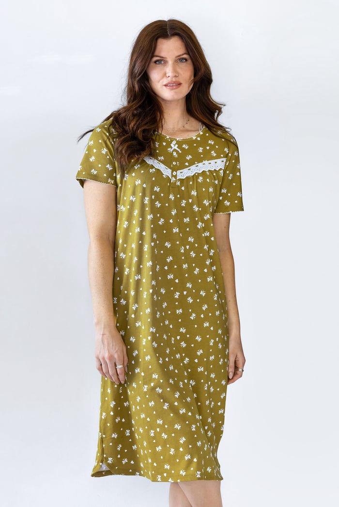 Butterfly Printed S/S Nightwear With Lacetrims