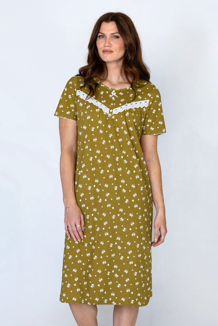 Butterfly Printed S/S Nightwear With Lacetrims